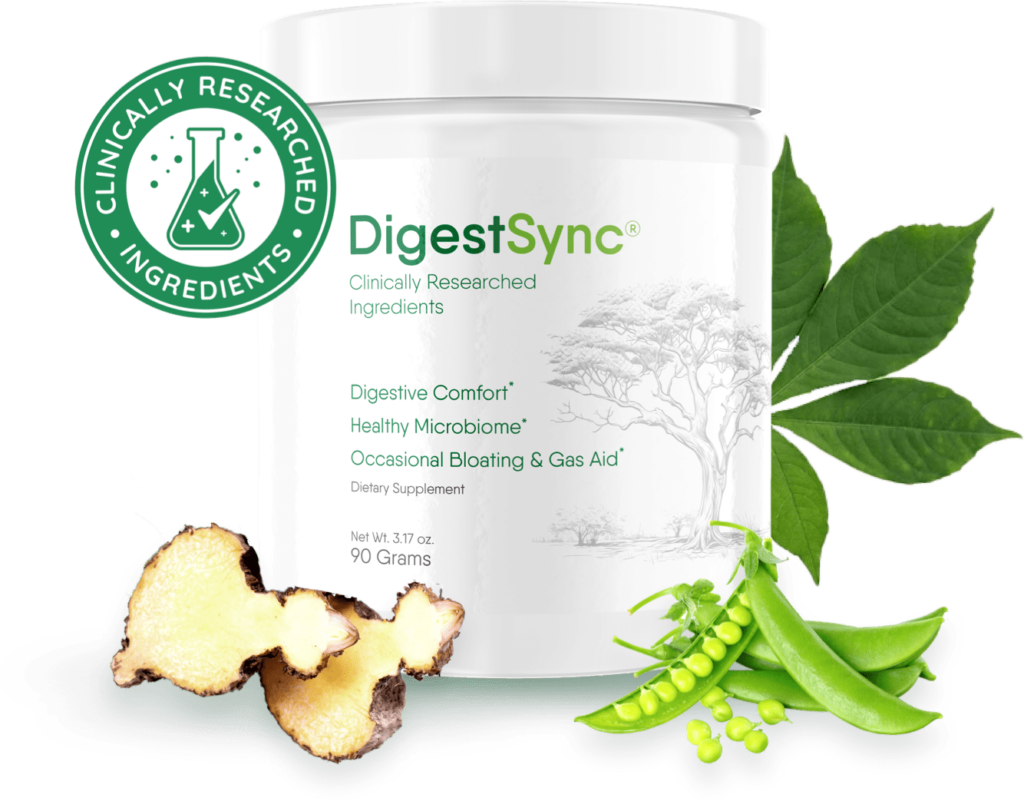 "With DigestSync, experience relief from bloating, digestive regulation, and more gut comfort, all powered by nature."