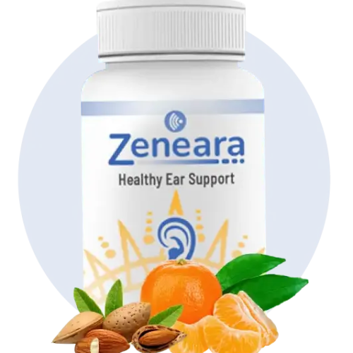 “Zeneara™ supplement bottle surrounded by natural ingredients, promoting ear health and tinnitus relief naturally.”
