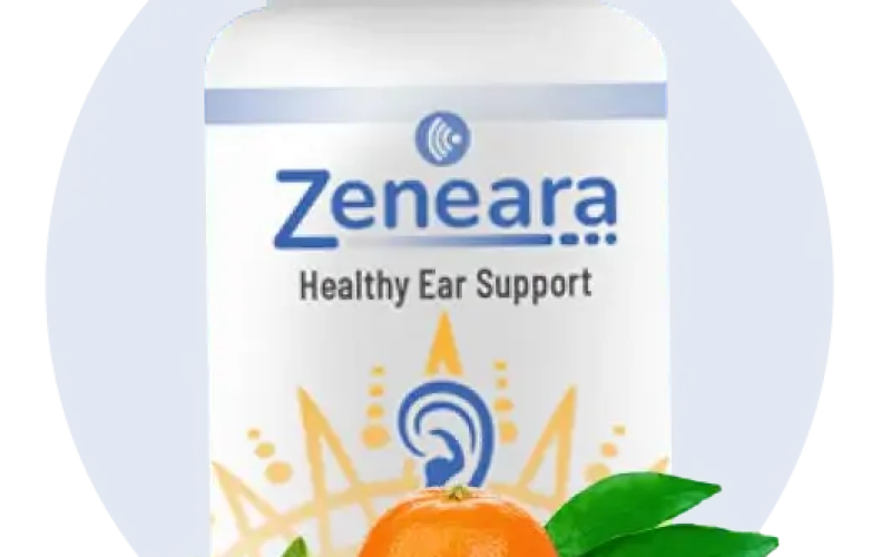 “Zeneara™ supplement bottle surrounded by natural ingredients, promoting ear health and tinnitus relief naturally.”