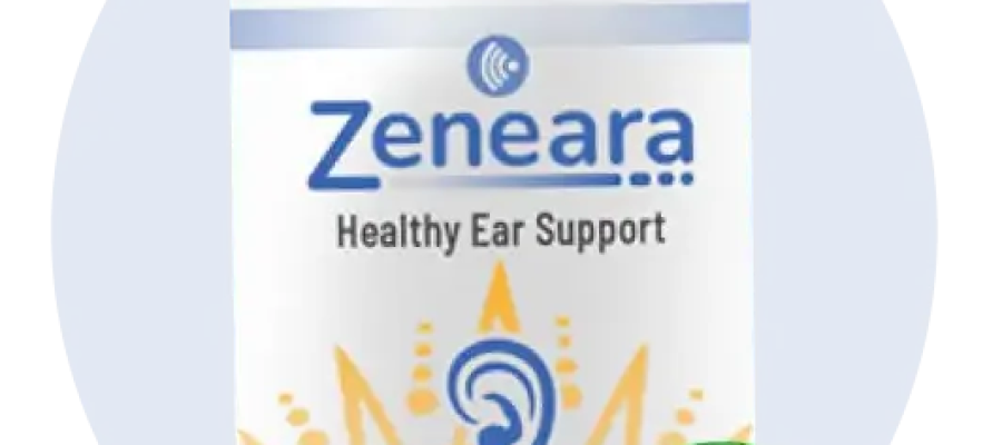 “Zeneara™ supplement bottle surrounded by natural ingredients, promoting ear health and tinnitus relief naturally.”